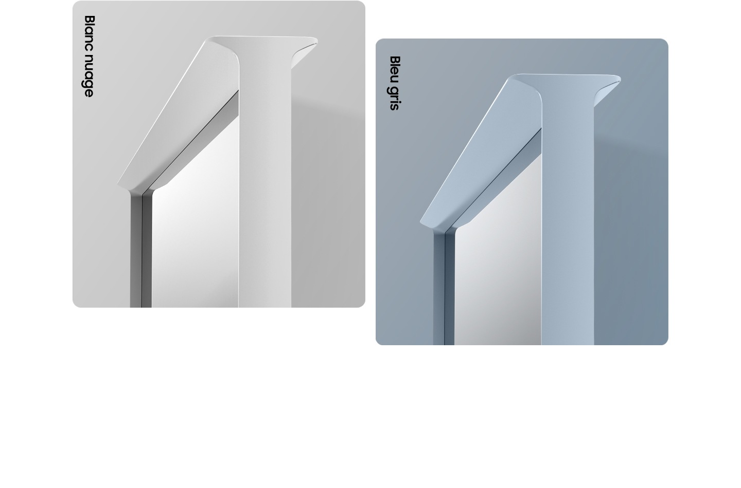 Vue en perspective des modèles Cloud White et Cotton Blue de la Serif présentée devant une couleur de fond assortie pour mettre en valeur la disponibilité de la couleur du produit.