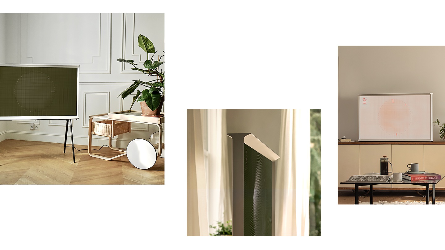 galerie 4 The Serif White qui affiche le Fabric Ambient Mode dans la couleur olive qui s'intègre à une pièce de séjour avec des plantes vertes.