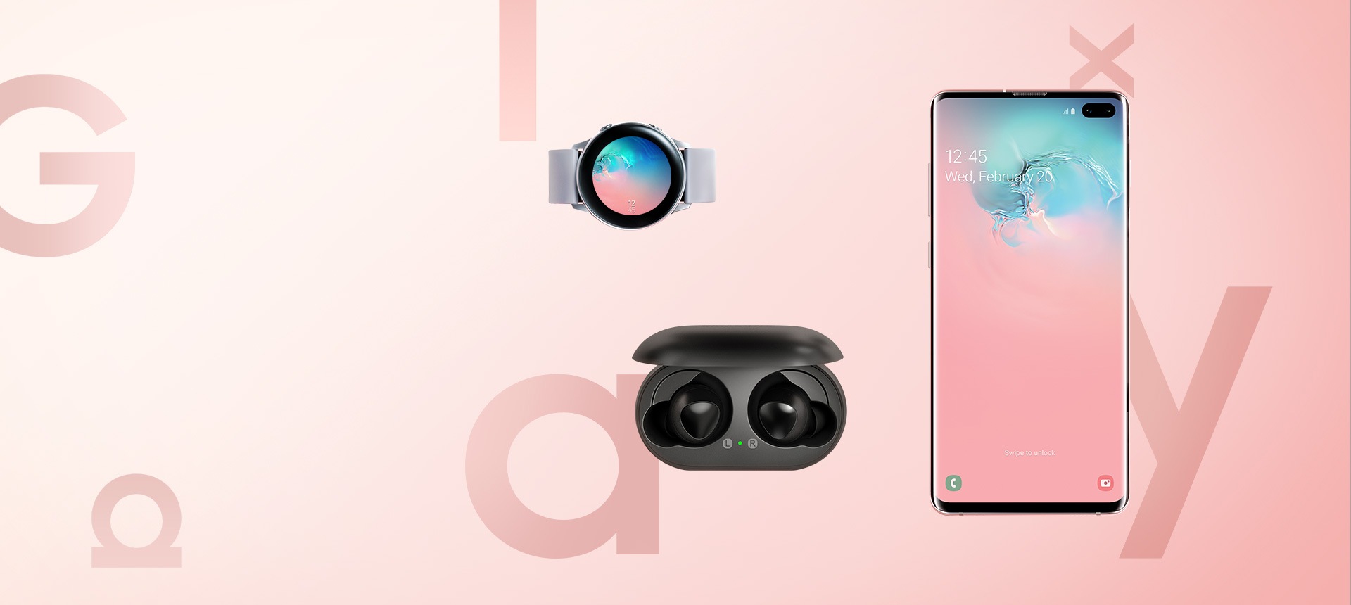 Galaxy S10 Ecosystem Einleitungsbild. Samsung Galaxy S10 plus, Samsung Galaxy Watch Active, and Galaxy Buds. Das Galaxy S10+ zeigt das Spotify Interface auf dem Display, auf dem ein Song der „Dein Mix der Woche”-Playlist gespielt wird. Die Galaxy Watch Active zeigt das Spotify Interface auf dem Display, auf welchem der gleiche Song abgespielt wird.