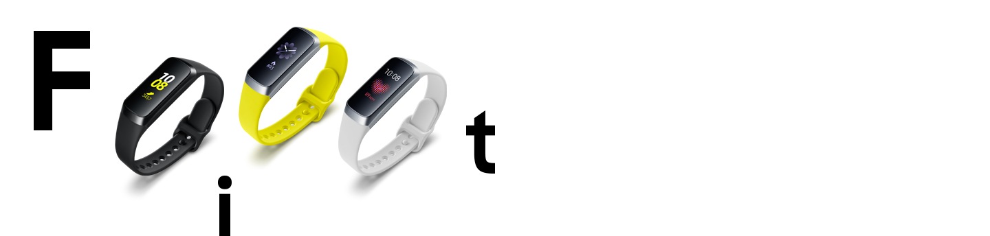 Bandas inteligentes para atividades Samsung Três Gear Fit um ao lado do outro abertos na diagonal direita nas cores preto, azul e rosa