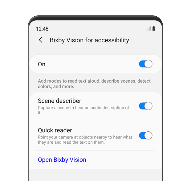 O menu <b>“Bixby Vision para acessibilidade”</b> é exibido e está ligado. A função de descrever cena gera um áudio com uma descrição da cena. Com o recurso de leitura rápida, aponte sua câmera para objetos próximos para ouvir o que eles são e ler o que está escrito neles.