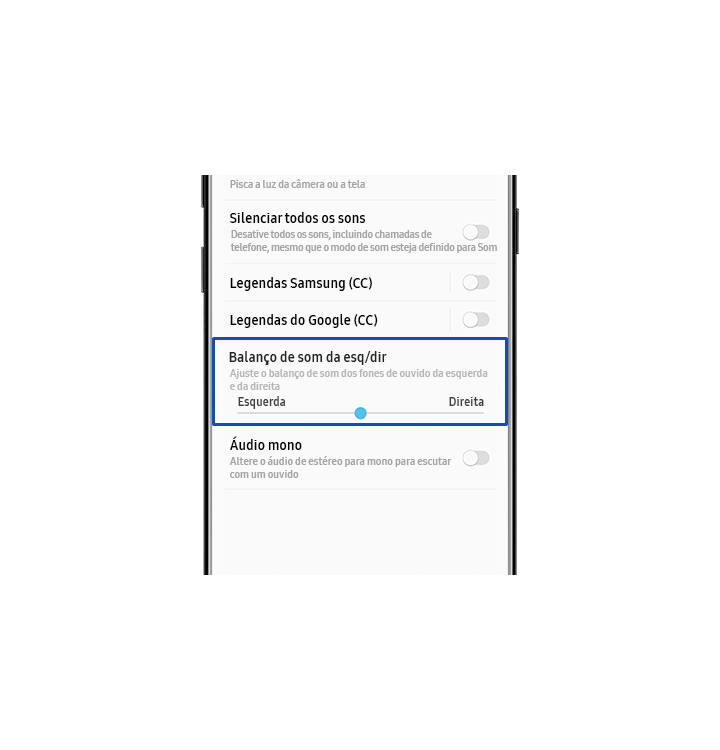 Balanço de som esquerdo/direito na visão frontal do Galaxy S8
