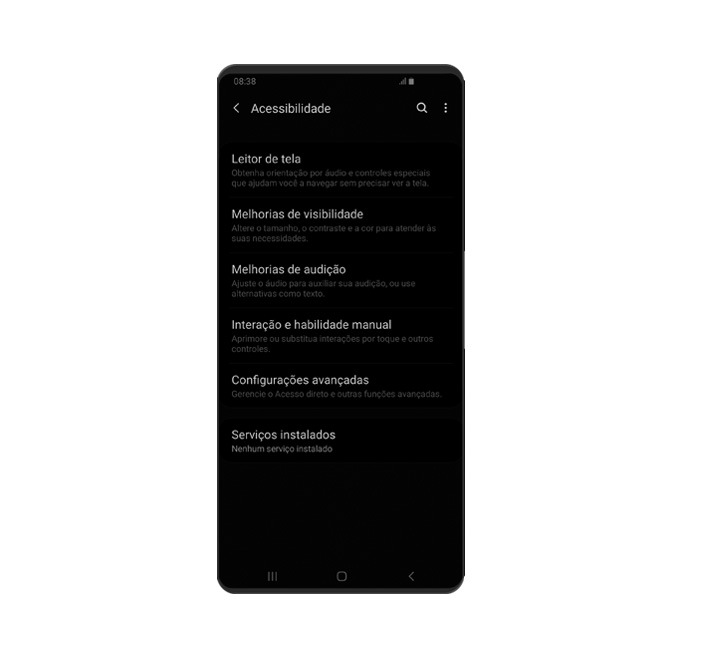 O menu "Acessibilidade" é mostrado. Ele inclui as opções de "Leitor de tela", "Melhorias de visibilidade", "Melhorias de audição", "Interação e habilidade manual" e Configurações avançadas.