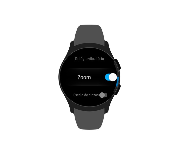 Imagem frontal de um Galaxy Watch mostrando a opção do menu Relógio vibratório ligada.