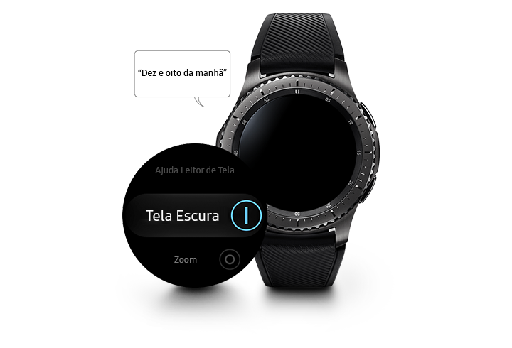 Visão frontal do Gear S3 frontier e captura de tela com Tela escura