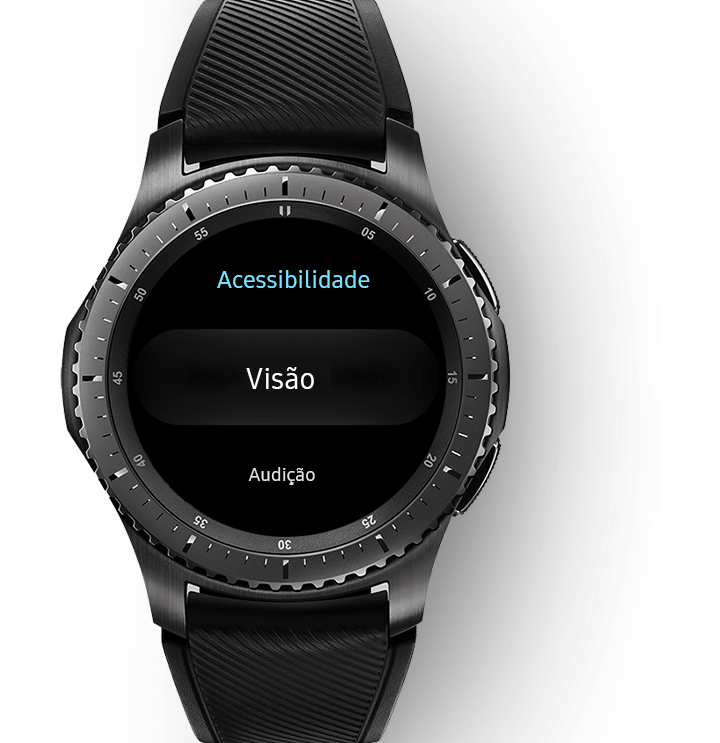 Visão frontal do Gear S3 frontier para aplicar acessibilidade