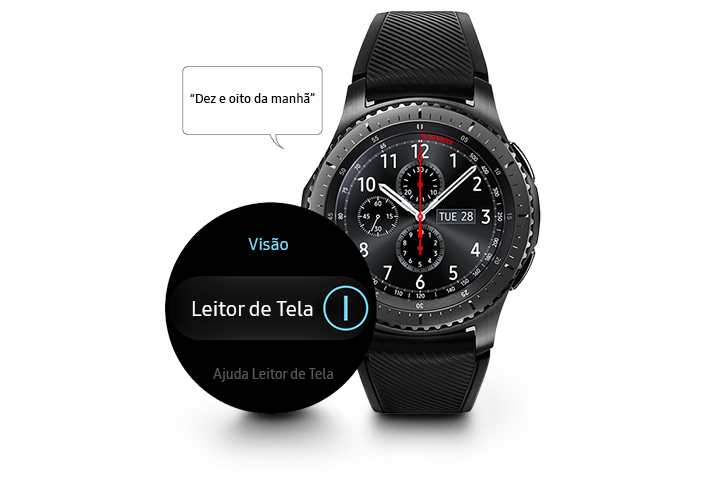 Visão frontal do Gear S3 frontier e captura de tela com Leitor de tela
