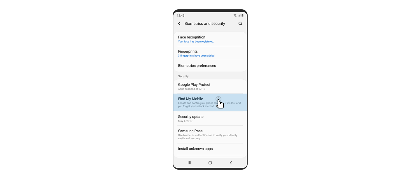 Vista frontal de um smartphone com o ícone “Find My Mobile” selecionado em “Biometria e segurança”