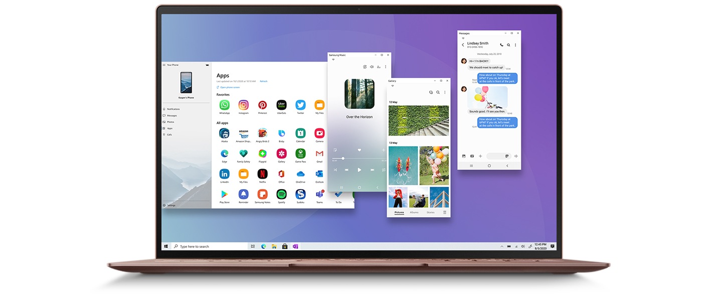 A tela de um computador portátil mostra um menu de aplicativos, fotos e mensagens do celular Galaxy, conectados por meio do recurso Link para Windows.