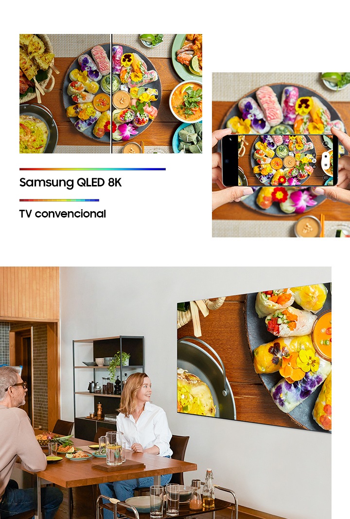 Há ótimos pratos na mesa. E mostrando as mãos que filmaram esses pratos no vídeo 8K do Galaxy S20. Um casal está admirando os detalhes nítidos e as cores dos vídeos de receitas de alimentos que filmam em 8K do Galaxy S20, exibidos no Samsung QLED. Os pratos excelentes colocam-se à mesa. As cores convencionais da TV parecem mais escuras e não vivas em comparação com o Samsung QLED 8K. As cores Samsung QLED 8K parecem muito vivas e brilhantes mais do que a TV convencional.