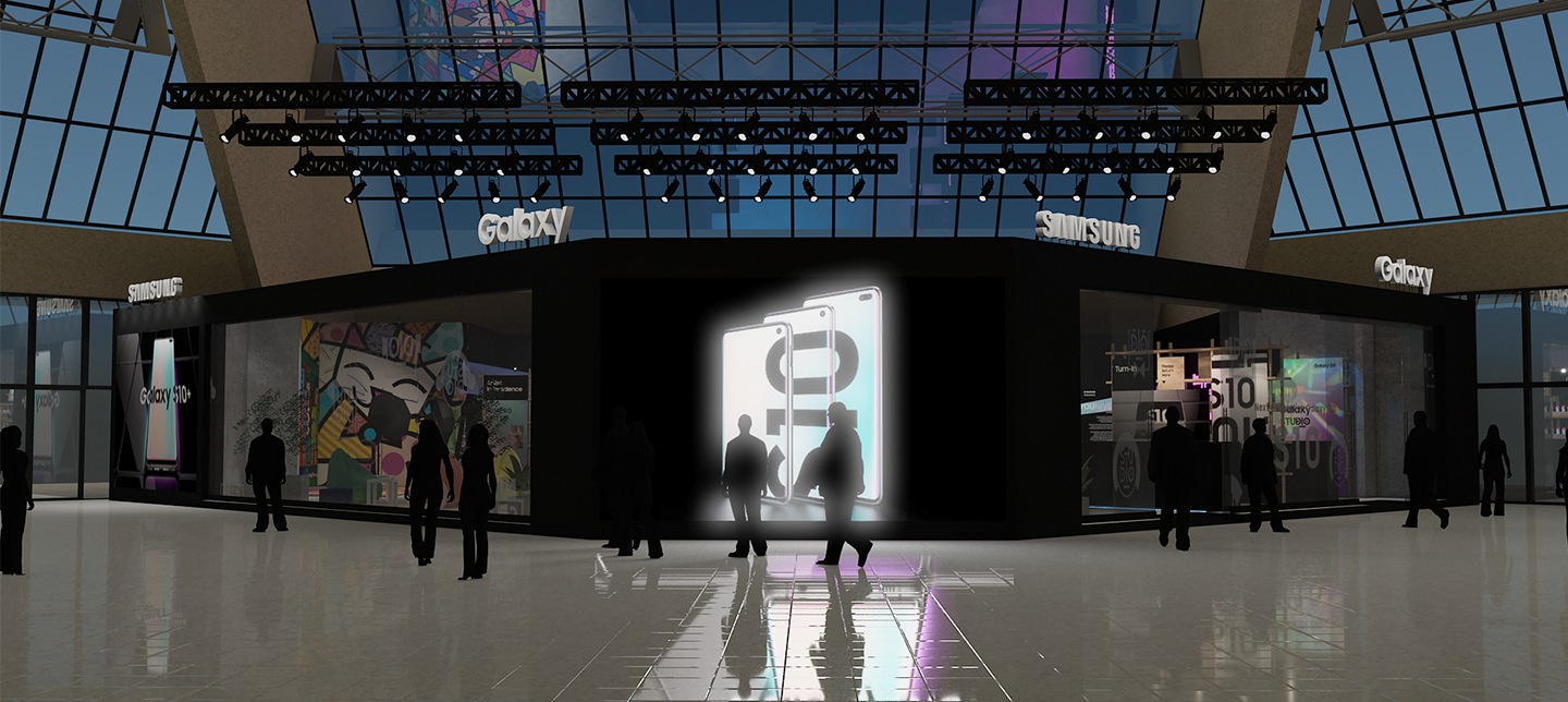 Vista em 3d da porta de entrada do galaxy studio S10 em são Paulo, no shopping eldorado.