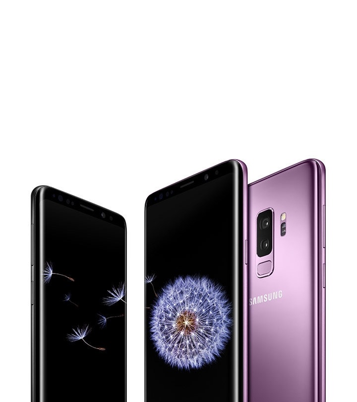 One Galaxy S9 seen from the front and number nine written in the rear in lilac purple. Displayed on Galaxy S9+ is a dandelion.