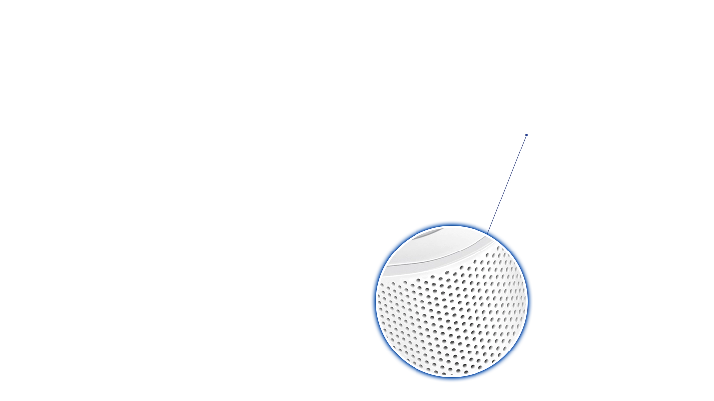 Ar-Condicionado na parede, em perspectiva lateral direita. Uma lupa amplia os pontinhos que o ar condicionado tem, com o descritivo ao lado Micro air holes
