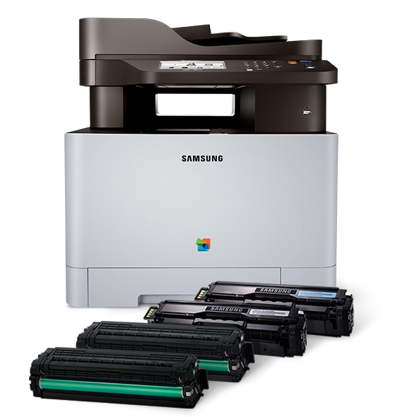 Impressoras + Toners Multifuncional Samsung vista de frente. Em sua frente, quatro toners em perspectiva
