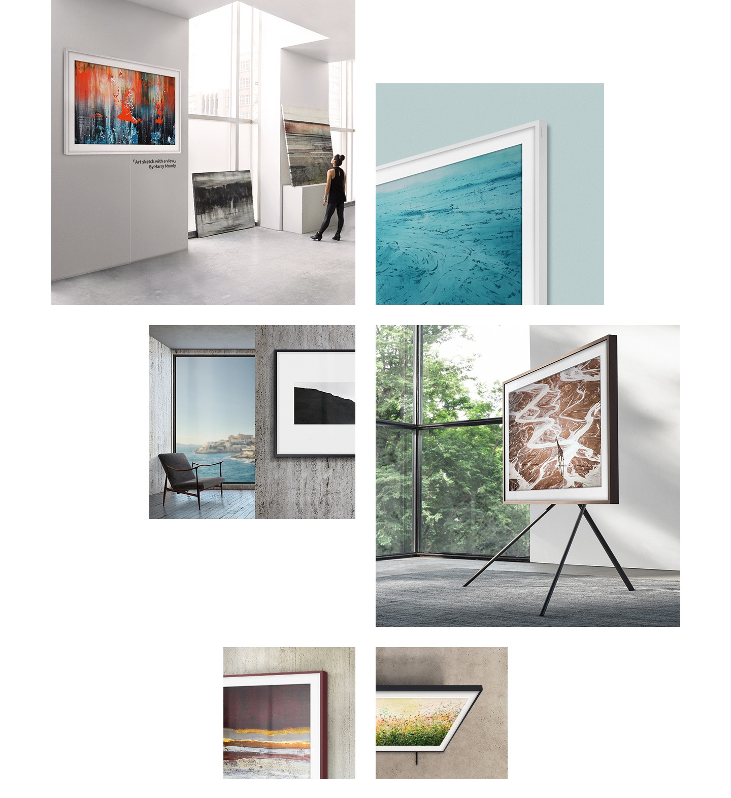 O design da moldura da TV The Frame parece diferente de acordo com o lugar onde ela é colocada e a cor da parede, relembrando uma galeria. A primeira imagem mostra a obra “Art sketch with a view” por Harry Moody.