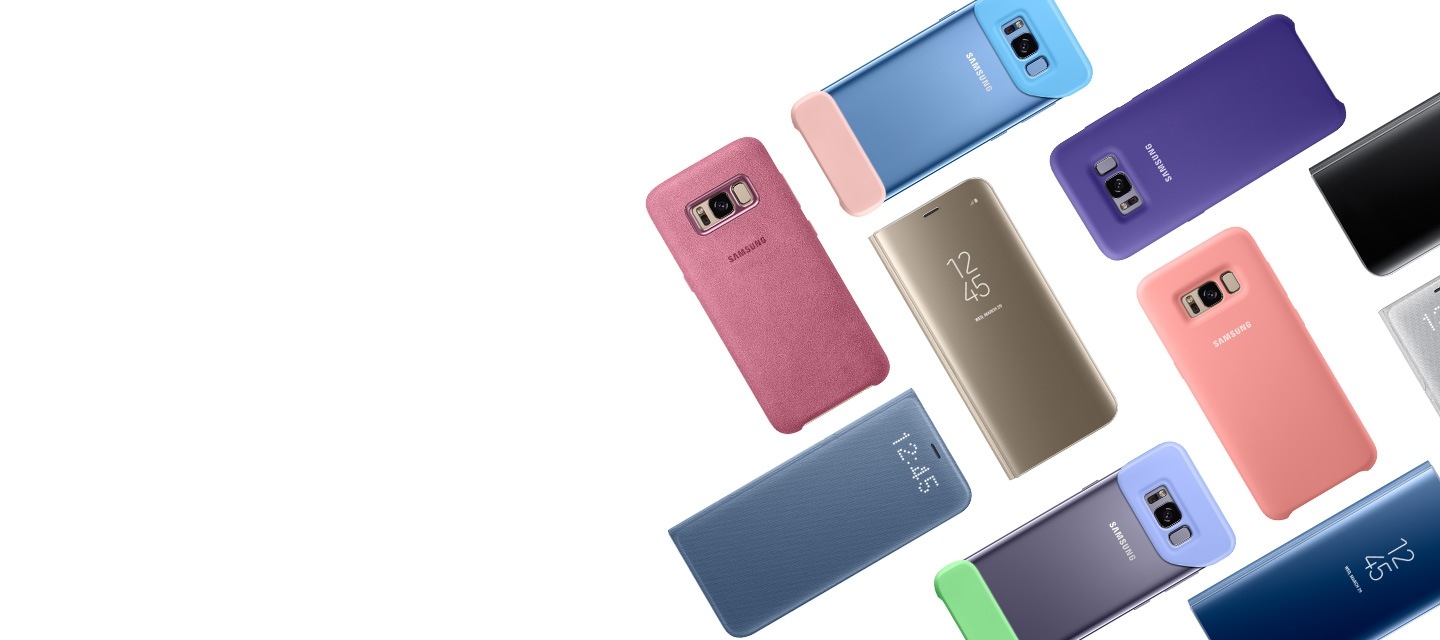 Cases da Samsung de diversas cores dispostas de forma perpendicular