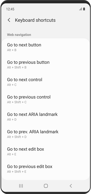 A seção Navegação na Web do menu "Atalhos de teclado" está exibida.