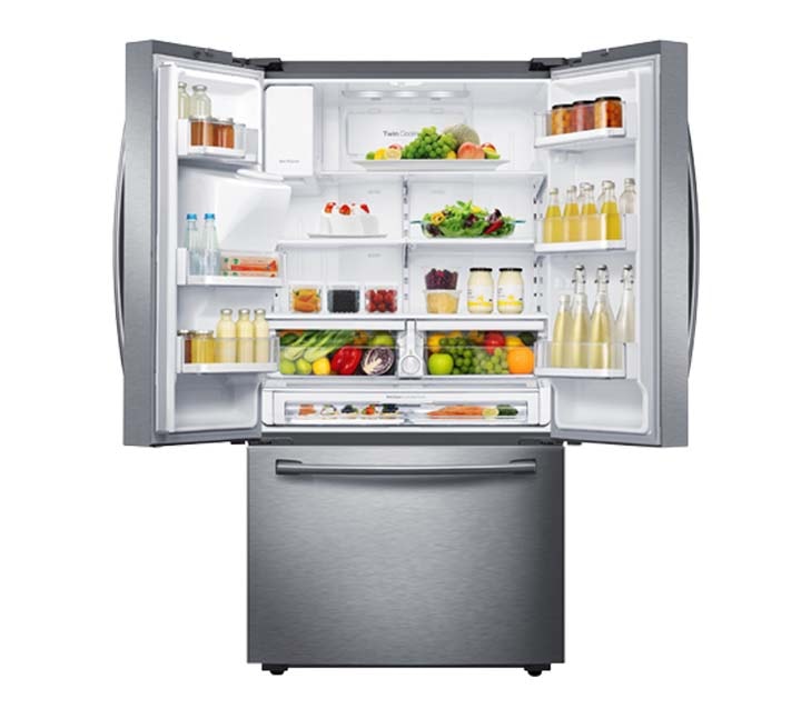 Geladeira Samsung French Door de frente com as duas portas superiores abertas.