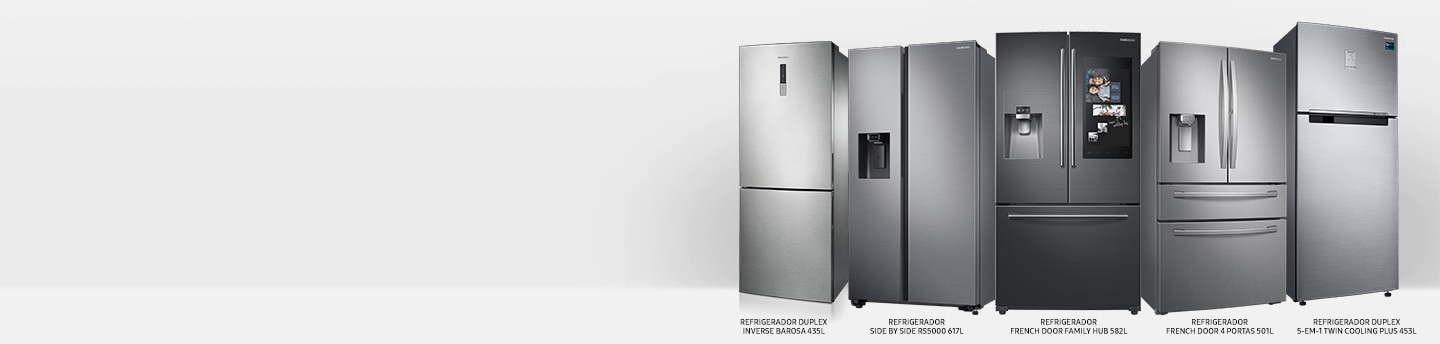 Refrigeradores Samsung Refrigerador Samsung DUPLEX INVERSE BAROSA 435L, SIDE BY SIDE RS5000 617L, FRENCH DOOR FAMILY HUB 582L, FRENCH DOOR 4 PORTAS 501L, DUPLEX 5-EM-1 TWIN COOLING PLUS 453L"