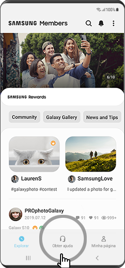 Clique no botão de ajuda no app Samsung Members