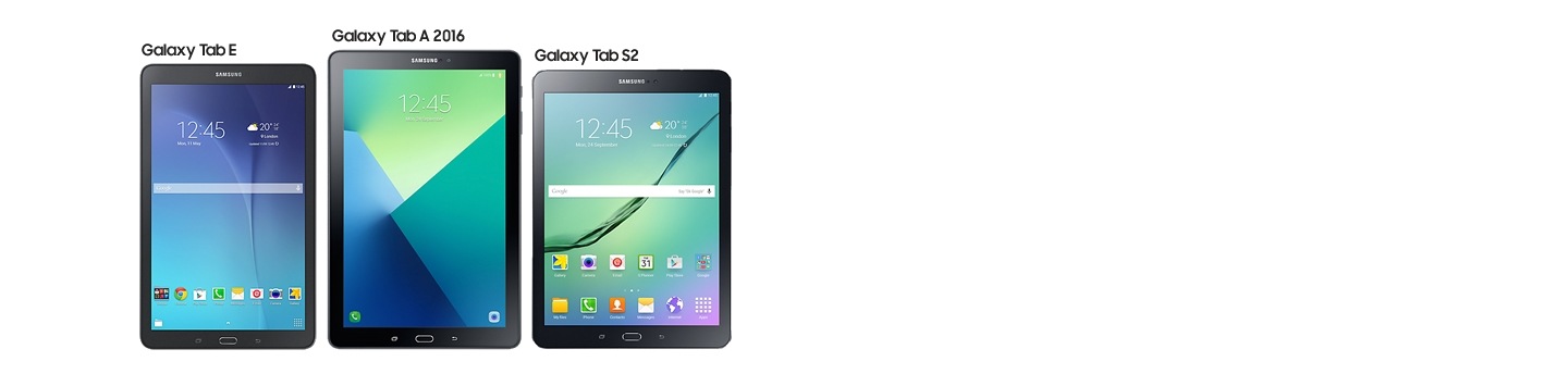 Tablet Samsung Galaxy Tab E preto de frente, Samsung Galaxy Tab A 2016 preto de frente e Samsung Galaxy Tab S2 preto de frente. Todos lado a lado.