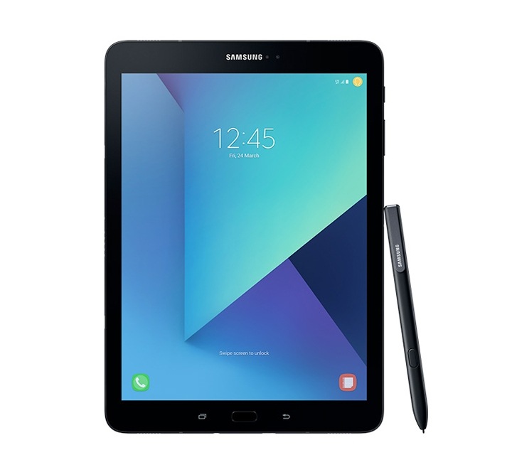 Galaxy Tab S3 preto de frente ao lado de uma S Pen