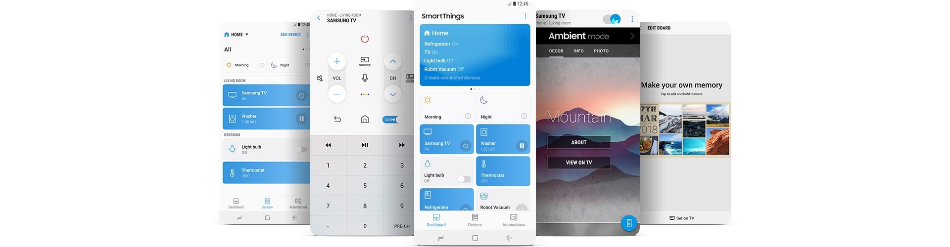 Image of various mobile screens showing what is available on the SmartThings App.