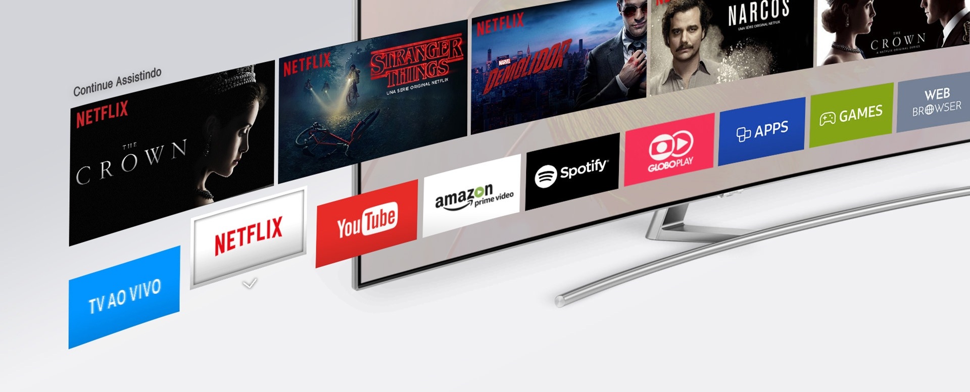 Vários ícones do Smart Hub na imagem. O ícone do Netflix está em destaque e dele saem vários filmes.