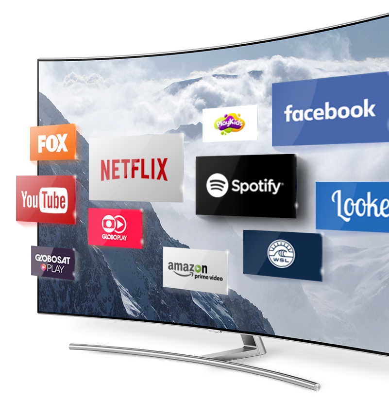 Ícones do smart hub pipocam na tela da Smart TV Samsung, como Netflix, Youtube, Fox, GloboPlay, Amazon Prime Video, Spotify, entre outros.