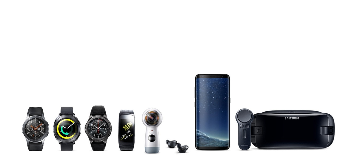 Imagem ilustrativa com toda a família de Wearables Samsung, incluindo Gear Sp eort, Gear S3, Gear Fit2 Pro, Gear 360, Gear IconX, Gear VR, Galaxy Watch BT, junto ao Galaxy S8.