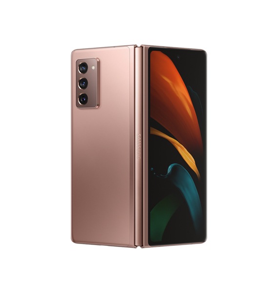 product-z-fold2 Vista posterior do Galaxy Z Fold 2 bronze Mystic em pé e aberto.