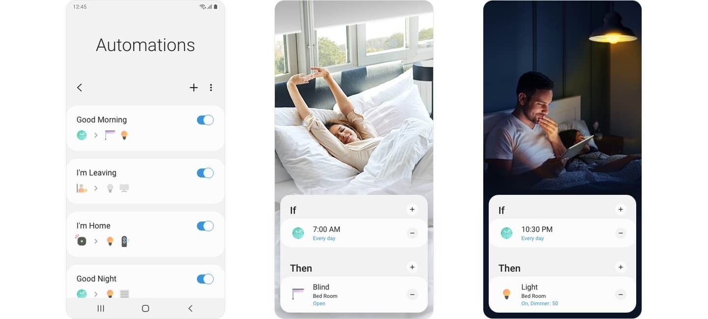 Three Galaxy screens are displayed. The first shows Automations settings with toggle switches for 4 routines: Good morning, I'm leaving, I'm home, and Good night. The second shows a woman waking up in bed, with settings for "If 7:00am then open bedroom blind every day". The third shows a couple in bed at night, with settings for "If 10:30pm then dim the bedroom light to 50% every night".
