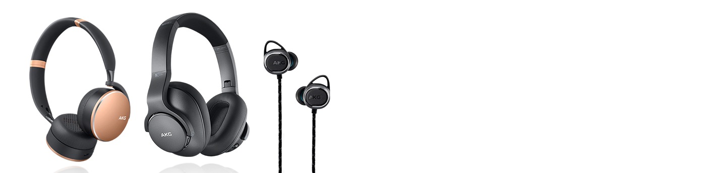 AKG Y500 Wireless Headphones in Rose gold, AKG N700NC M2 Wireless Headphones in black, AKG N200 Wireless earphones in black.