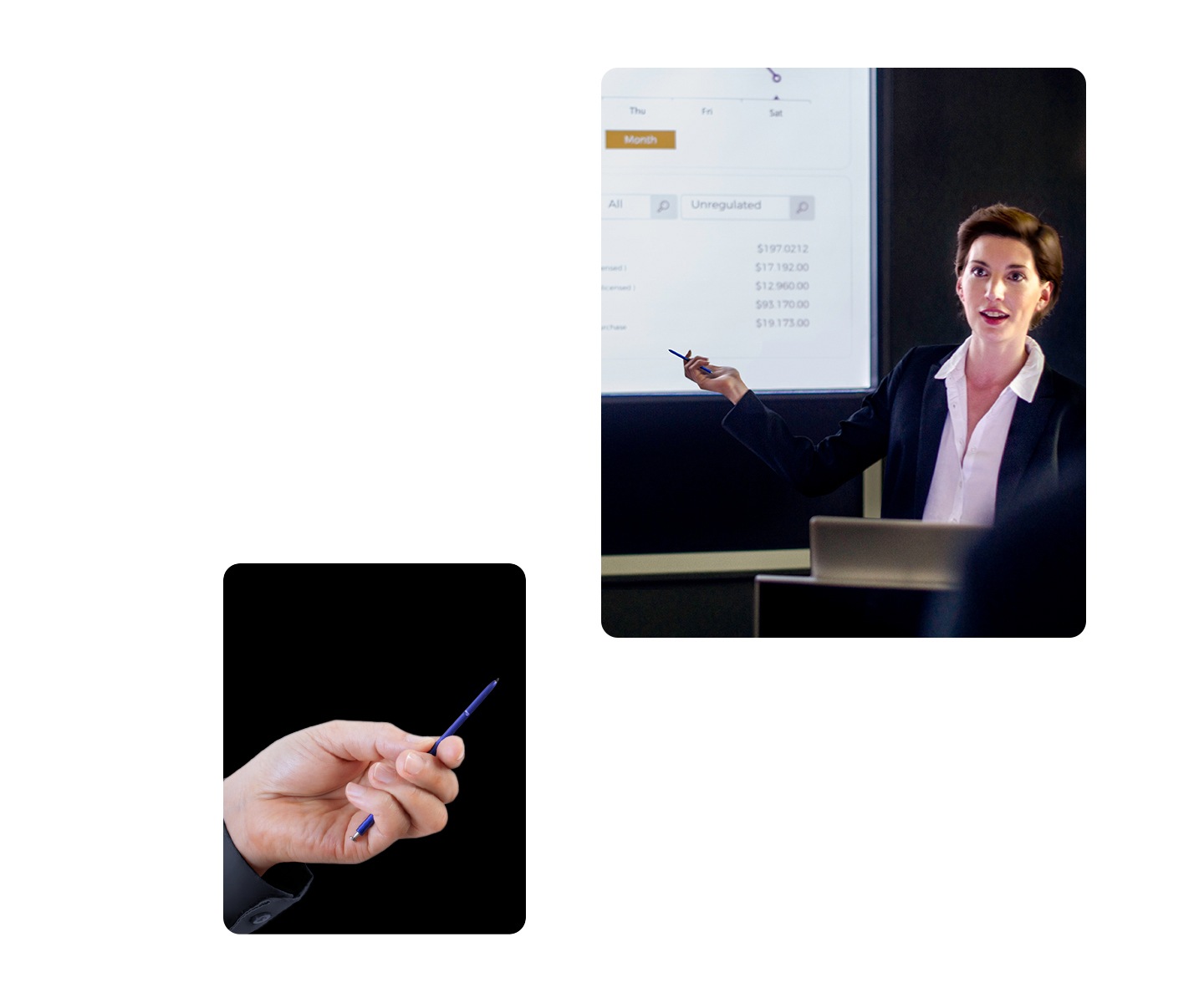 Close up of a hand holding blue S Pen. A woman standing in front of a presentation screen holding S Pen.