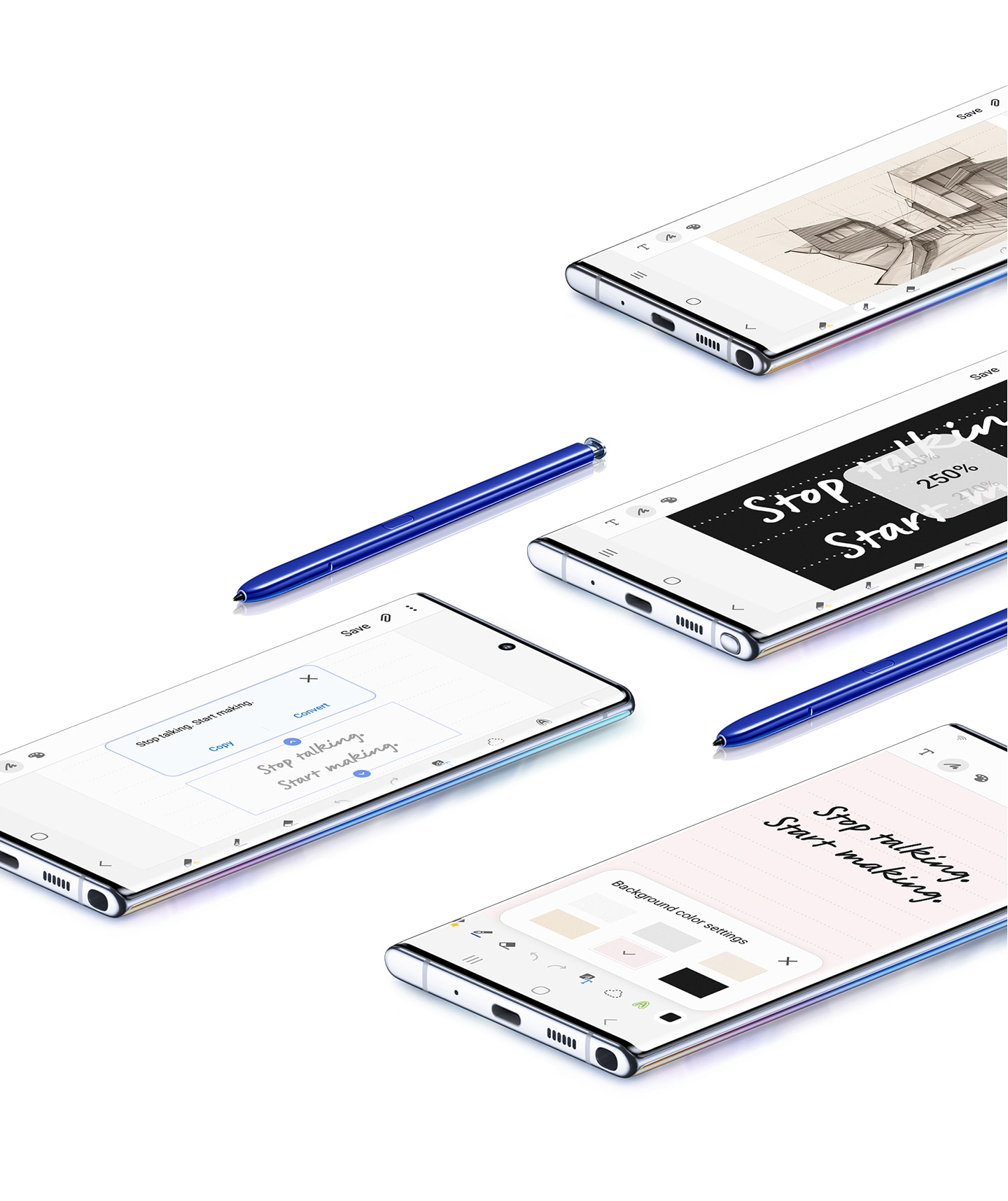Four Galaxy Note10+ phones seen laying face up with a variety of Samsung Notes uses onscreen, and two blue S Pens. One screen shows a sketch of a building, another shows Text Export, the next shows a note with the zoom GUI overlaid on top, and the last phone shows writing with the background color settings menu.
