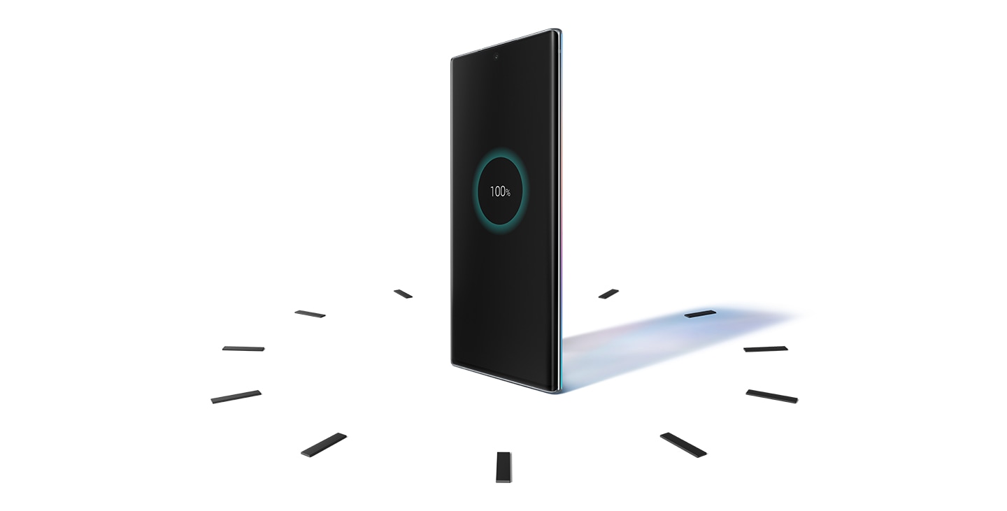 Galaxy Note10+ in the middle of a clock face with its shadow stretched out as if it’s a sundial.