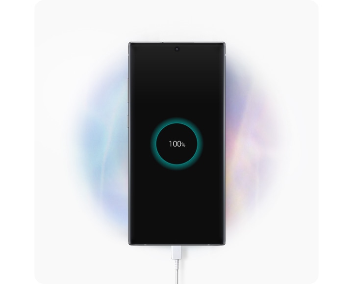 Galaxy Note10+ seen from the front plugged in to the USB Type-C cable with the charging GUI onscreen.