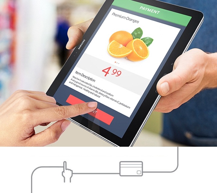 A customer making an online transaction using a tablet at a shop
