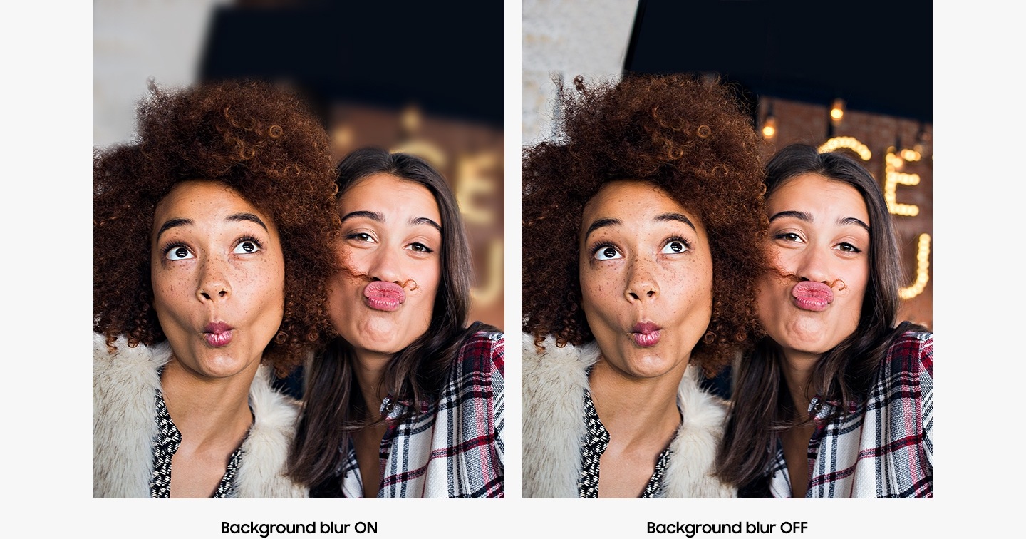 Two photos captured by Galaxy A of two women making silly faces show the difference when the depth camera's background blur is on and with the background blur is off.