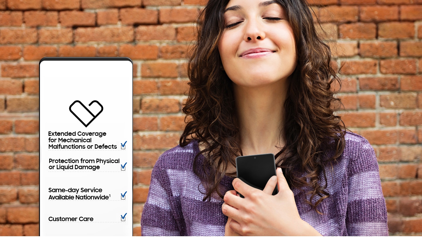A young woman is holding a smartphone in front of her chest with both hands. Her eyes are closed and she has a contented smile. Superimposed on top of the image is a graphical image of a smartphone screen showing the heart-shaped Samsung Care+ logo. Below the logo, there are three lines of text: "Accidental damage coverage", "Samsung genuine parts", and "Samsung-certified repair service", with a ticked checkbox to the right of each line. A young woman is holding a smartphone in front of her chest with both hands. Her eyes are closed and she has a contented smile. Superimposed on top of the image is a graphical image of a smartphone screen showing the heart-shaped Samsung Care+ logo. Below the logo, there are three lines of text: "Accidental damage coverage", "Samsung genuine parts", and "Samsung-certified repair service", with a ticked checkbox to the right of each line.