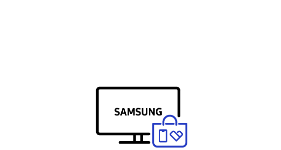 An icon for "Samsung.com": a computer monitor showing the text "Samsung", overlaid with a small shopping bag in the bottom right corner. The shopping bag has a smartphone icon and the heart-shaped Samsung Care+ logo on it.
