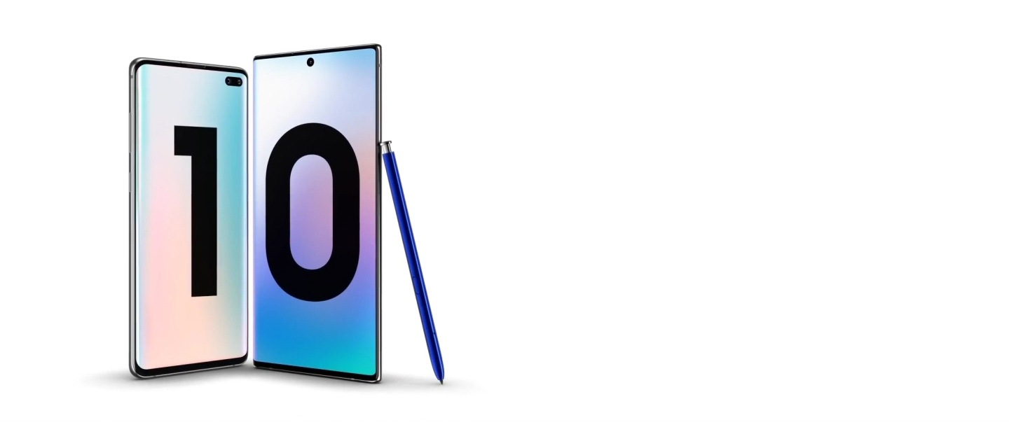Galaxy S10 plus and Galaxy Note10 plus with blue S Pen leaning against Galaxy Note10 plus. Both phones have a gradient wallpaper onscreen.