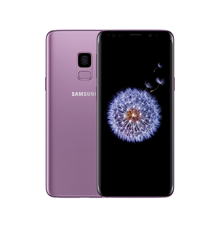 Galaxy S9 seen from the front and Galaxy S9+ seen from the rear, both in lilac purple