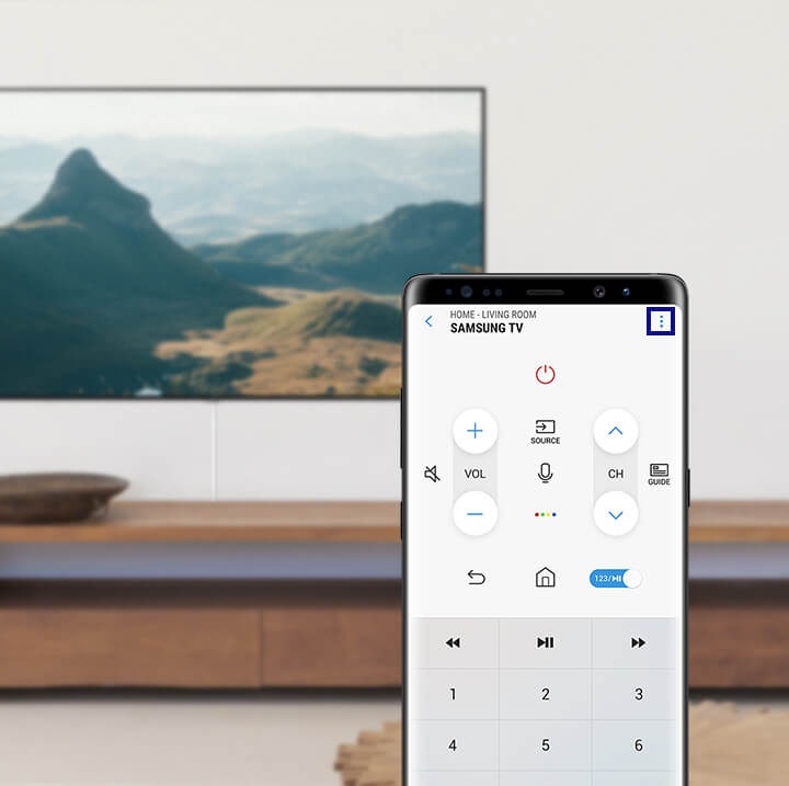 SmartThings app REMOTE page on a mobile phone; menu button on the right top is highlighted.