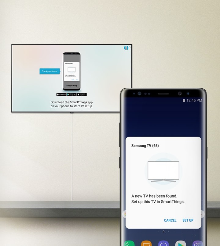 TV detects the mobile phone automatically with the caption "Download the SmartThings app on your phone to start TV setup." and TV has been detected on the mobile phone with the caption "A new TV has been found. Set up this TV in SmartThings."