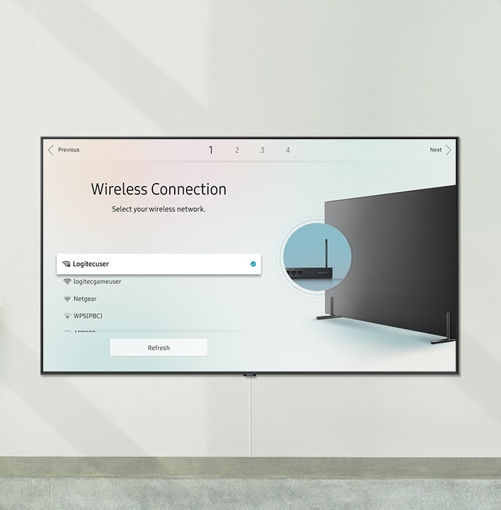 Connecting Smart TV to the wireless internet with the caption "Wireless Connection. Select your wireless network."