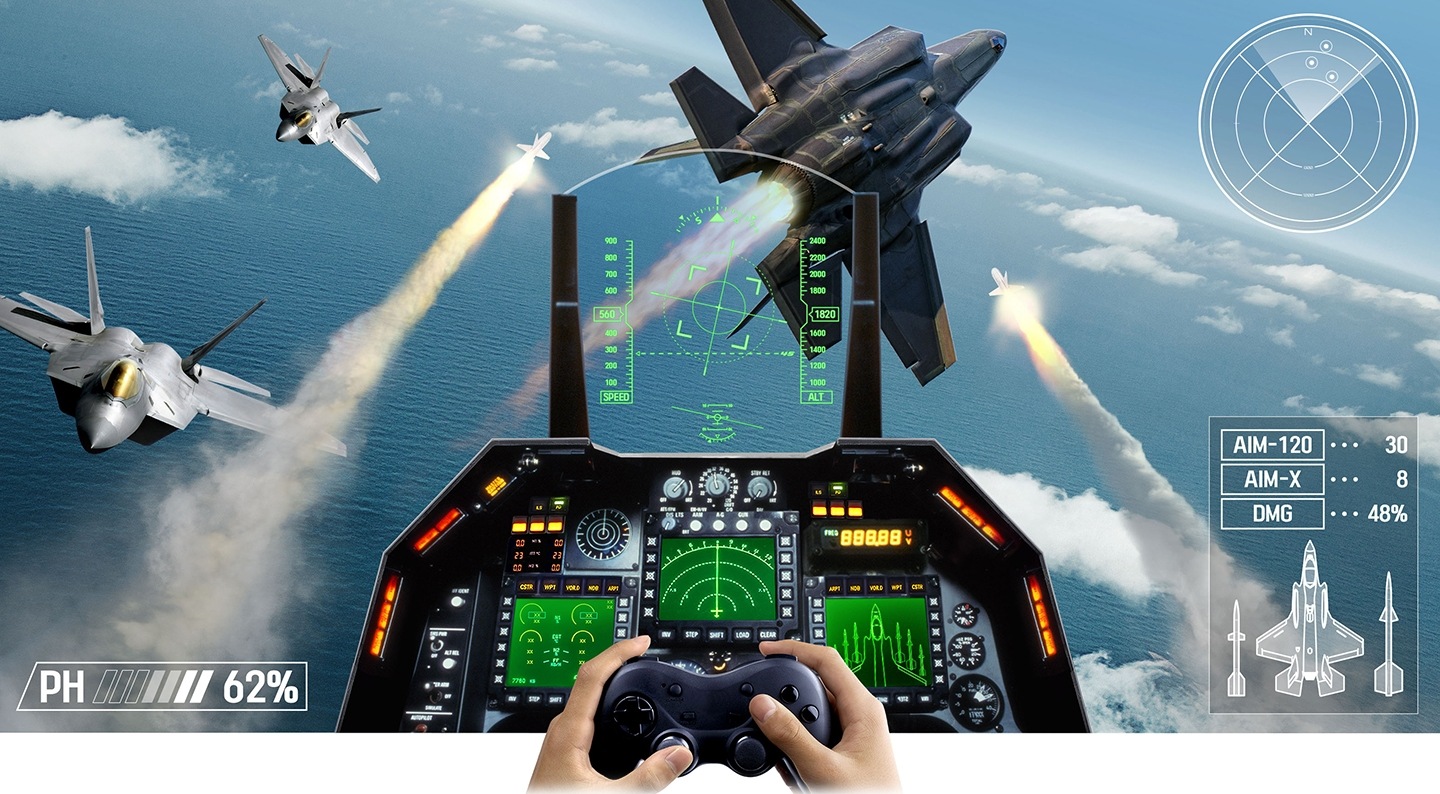 An user is enjoying a flight simulation game with a controller on Samsung Super Big TV. The immersive screen is so big that the game can be more realistic so the user seems to sit in a real cockpit of a jet.