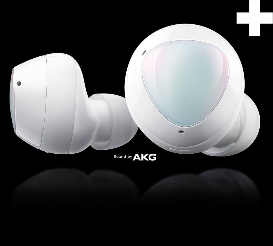 Enlarged pair of White Galaxy Buds+ with a profile view of the left earbud next to an outer surface view of the right earbud. A large plus sign on the upper right corner and a Sound by AKG logo is on the bottom.