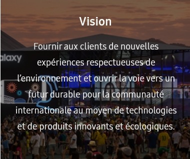 Cette image comporte la vision d’un système de gestion écologique. Cette vision est « Offrir aux clients de nouvelles expériences écologiques et mener la voie vers un futur durable pour la communauté mondiale par le biais d’une technologie et de produits novateurs et écologiques ».