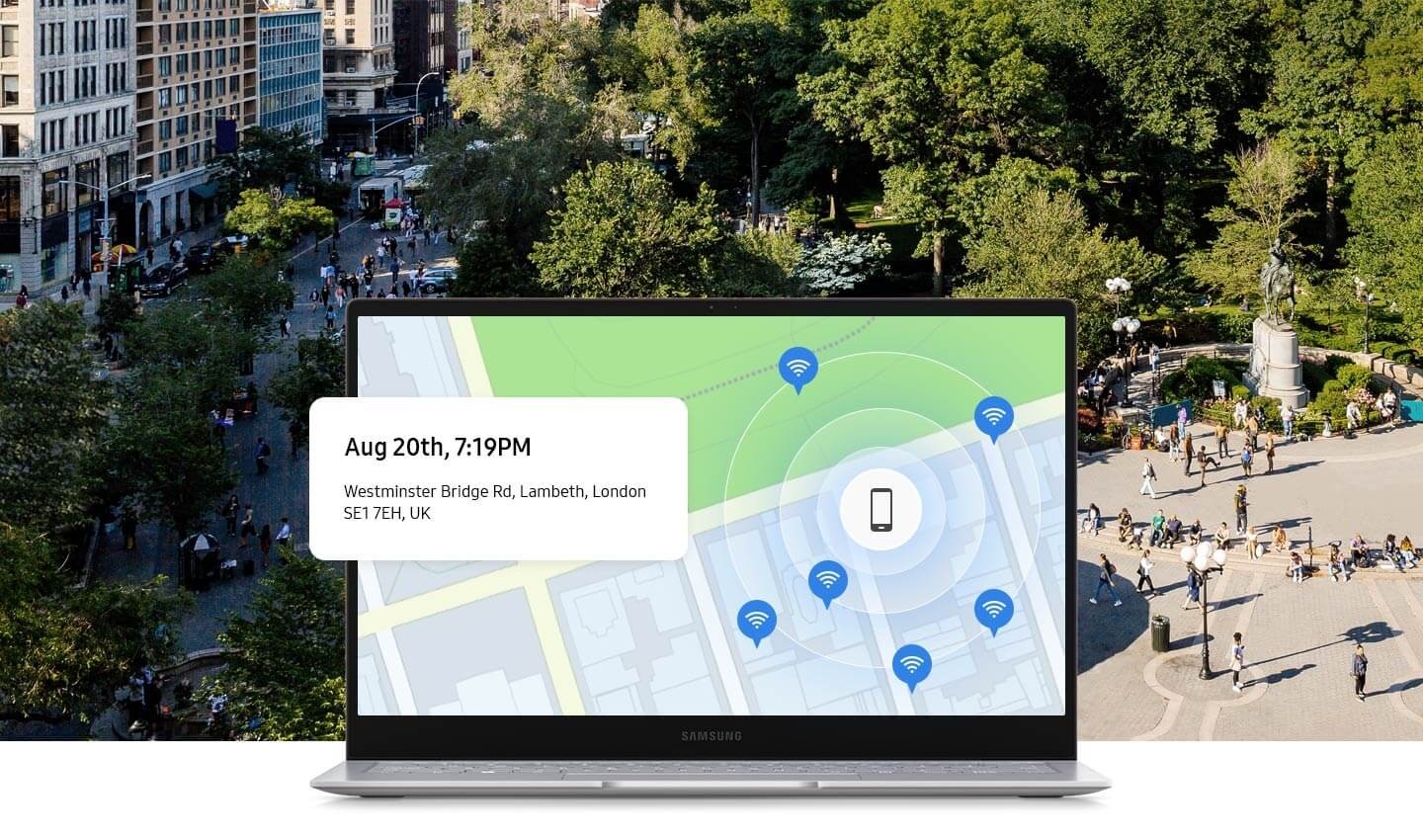 On voit Londres en arrière-plan. Au premier plan, un écran d'ordinateur portable indique l'emplacement d'un appareil perdu sur une carte, avec la date et l'heure de l'emplacement localisé.